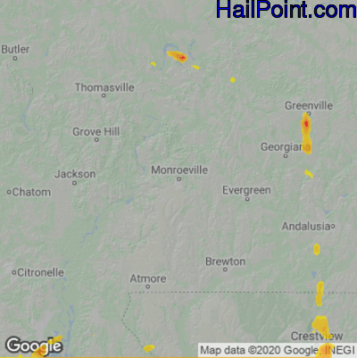 Hail Map for Monroeville, AL Region on March 23, 2023 