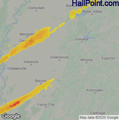 Hail Map for Greenwood, MS Region on March 25, 2023