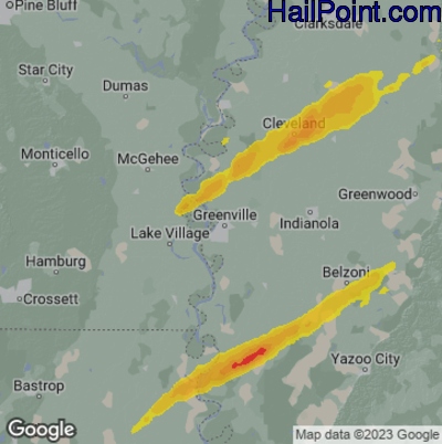 Hail Map for Greenville, MS Region on March 25, 2023 