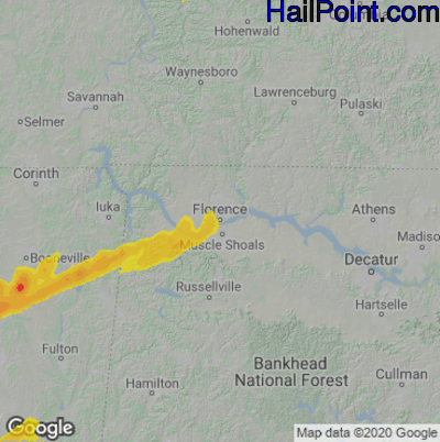 Hail Map for Florence, AL Region on March 25, 2023