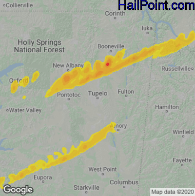 Hail Map for Tupelo, MS Region on March 25, 2023