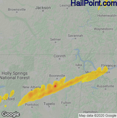 Hail Map for Corinth, MS Region on March 25, 2023