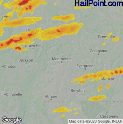 Hail Map for Monroeville, AL Region on March 25, 2023
