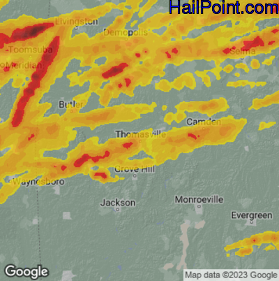 Hail Map for Thomasville, AL Region on March 25, 2023