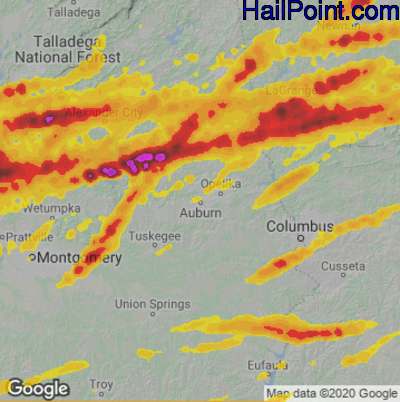 Hail Map for Auburn, AL Region on March 25, 2023