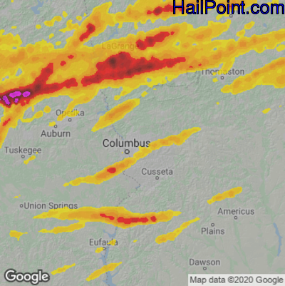 Hail Map for Columbus, GA Region on March 25, 2023