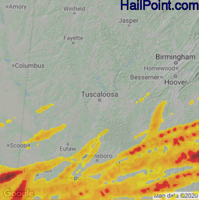 Hail Map for Tuscaloosa, AL Region on March 26, 2023