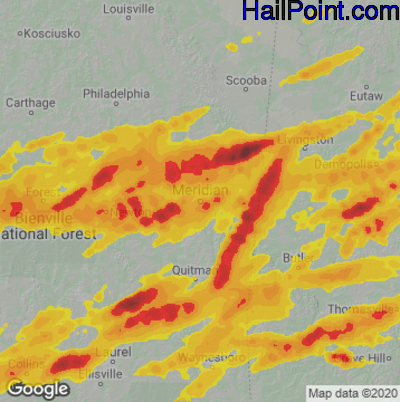Hail Map for Meridan, MS Region on March 26, 2023