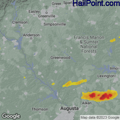Hail Map for Greenwood, SC Region on March 27, 2023