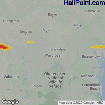 Hail Map for Waycross, GA Region on March 27, 2023