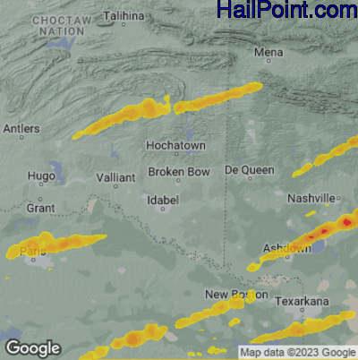 Hail Map for Broken Bow, OK Region on March 31, 2023