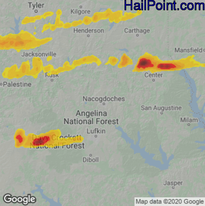 Hail Map for Nacogdoches, TX Region on March 31, 2023