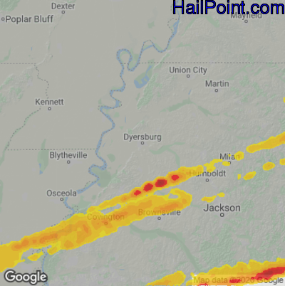 Hail Map for Dyersburg, TN Region on March 31, 2023 