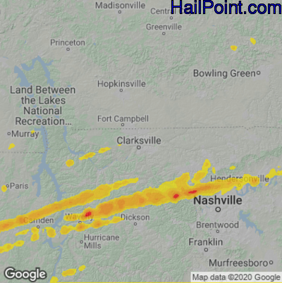 Hail Map for Clarksville, TN Region on April 1, 2023
