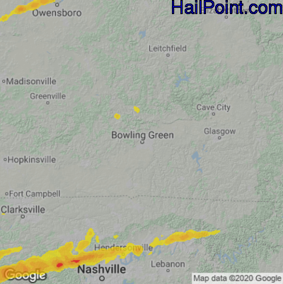 Hail Map for Bowling Green, KY Region on April 1, 2023