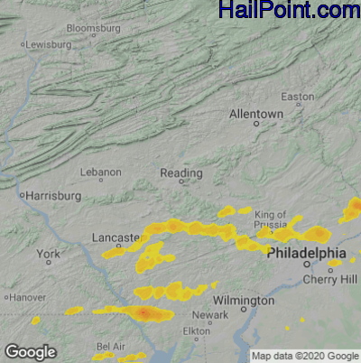 Hail Map for Reading, PA Region on April 1, 2023