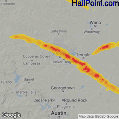 Hail Map for Killeen, TX Region on April 2, 2023