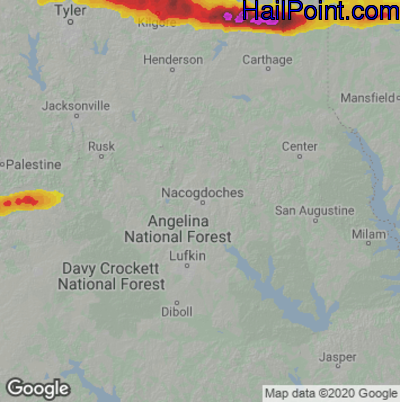 Hail Map for Nacogdoches, TX Region on April 2, 2023
