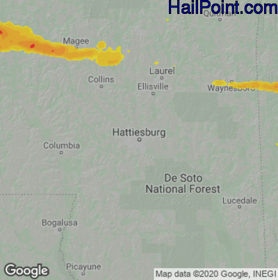 Hail Map for Hattiesburg, MS Region on April 3, 2023