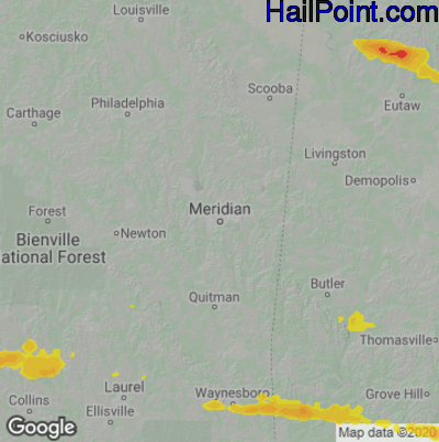 Hail Map for Meridan, MS Region on April 3, 2023