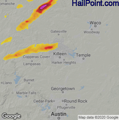 Hail Map for Killeen, TX Region on April 3, 2023