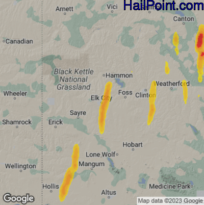 Hail Map for Elk City, OK Region on April 10, 2023