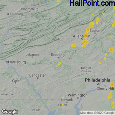 Hail Map for Reading, PA Region on April 15, 2023