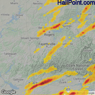 Hail Map for Fayetteville, AR Region on April 15, 2023