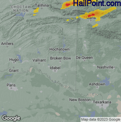 Hail Map for Broken Bow, OK Region on April 15, 2023 
