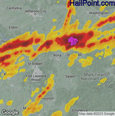 Hail Map for Rolla, MO Region on April 15, 2023 