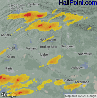 Hail Map for Broken Bow, OK Region on April 20, 2023