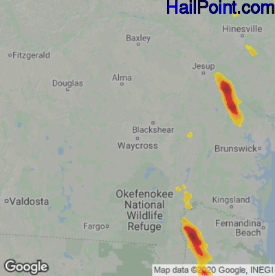 Hail Map for Waycross, GA Region on April 26, 2023