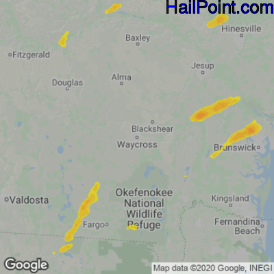 Hail Map for Waycross, GA Region on April 27, 2023 