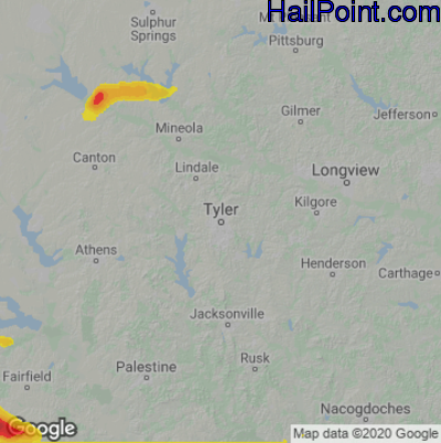 Hail Map for Tyler, TX Region on April 28, 2023
