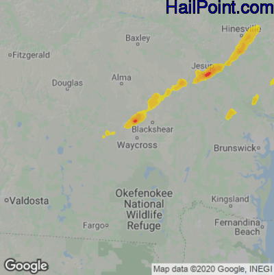Hail Map for Waycross, GA Region on April 29, 2023