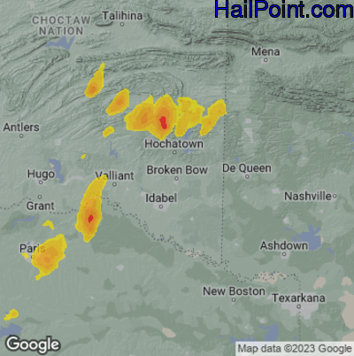Hail Map for Broken Bow, OK Region on May 7, 2023