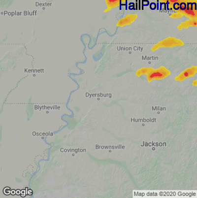 Hail Map for Dyersburg, TN Region on May 7, 2023