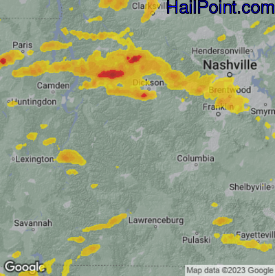 Hail Map for Centerville, TN Region on May 7, 2023