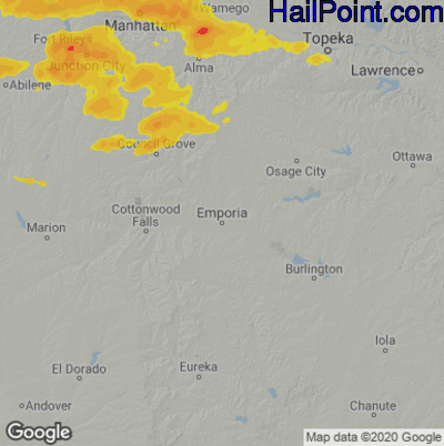 Hail Map for Emporia, KS Region on May 8, 2023