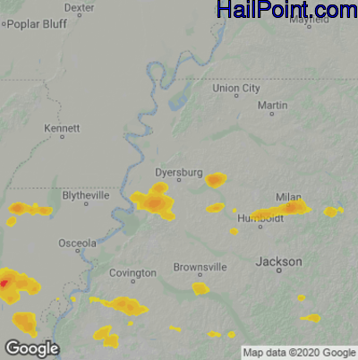 Hail Map for Dyersburg, TN Region on May 9, 2023