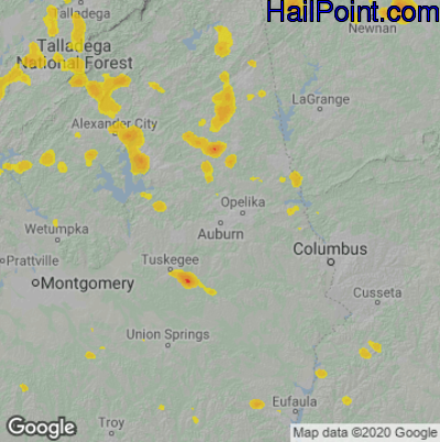 Hail Map for Auburn, AL Region on May 9, 2023