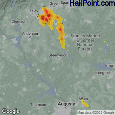 Hail Map for Greenwood, SC Region on May 9, 2023 