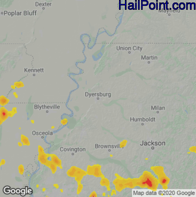 Hail Map for Dyersburg, TN Region on May 10, 2023