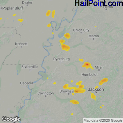 Hail Map for Dyersburg, TN Region on May 15, 2023