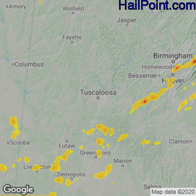 Hail Map for Tuscaloosa, AL Region on May 16, 2023