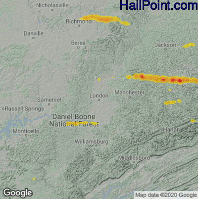 Hail Map for London, KY Region on May 16, 2023 
