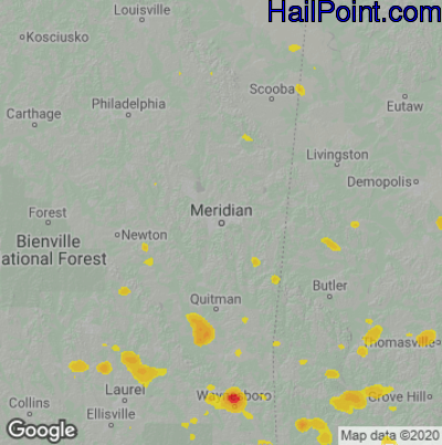 Hail Map for Meridan, MS Region on May 17, 2023