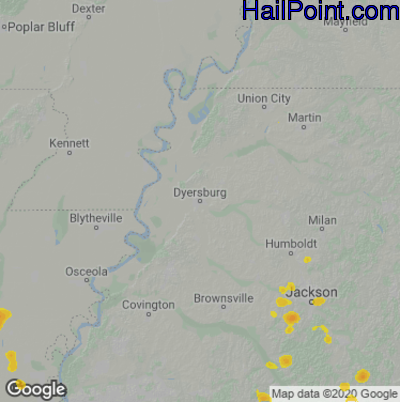Hail Map for Dyersburg, TN Region on May 27, 2023