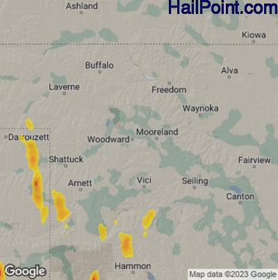 Hail Map for Woodward, OK Region on June 1, 2023
