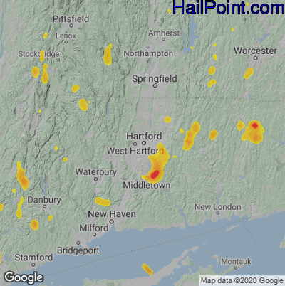 Hail Map for Hartford, CT Region on June 2, 2023